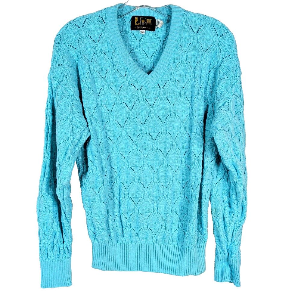 LeRoy Cotton V-Neck Sweater Vintage Men Size Medium Turquoise Blue Novelty Knit